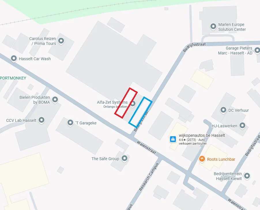 Kaart met de ligging van de parking van Bedrijvencentrum Kiewit aan de Bedrijfsstraat in Hasselt